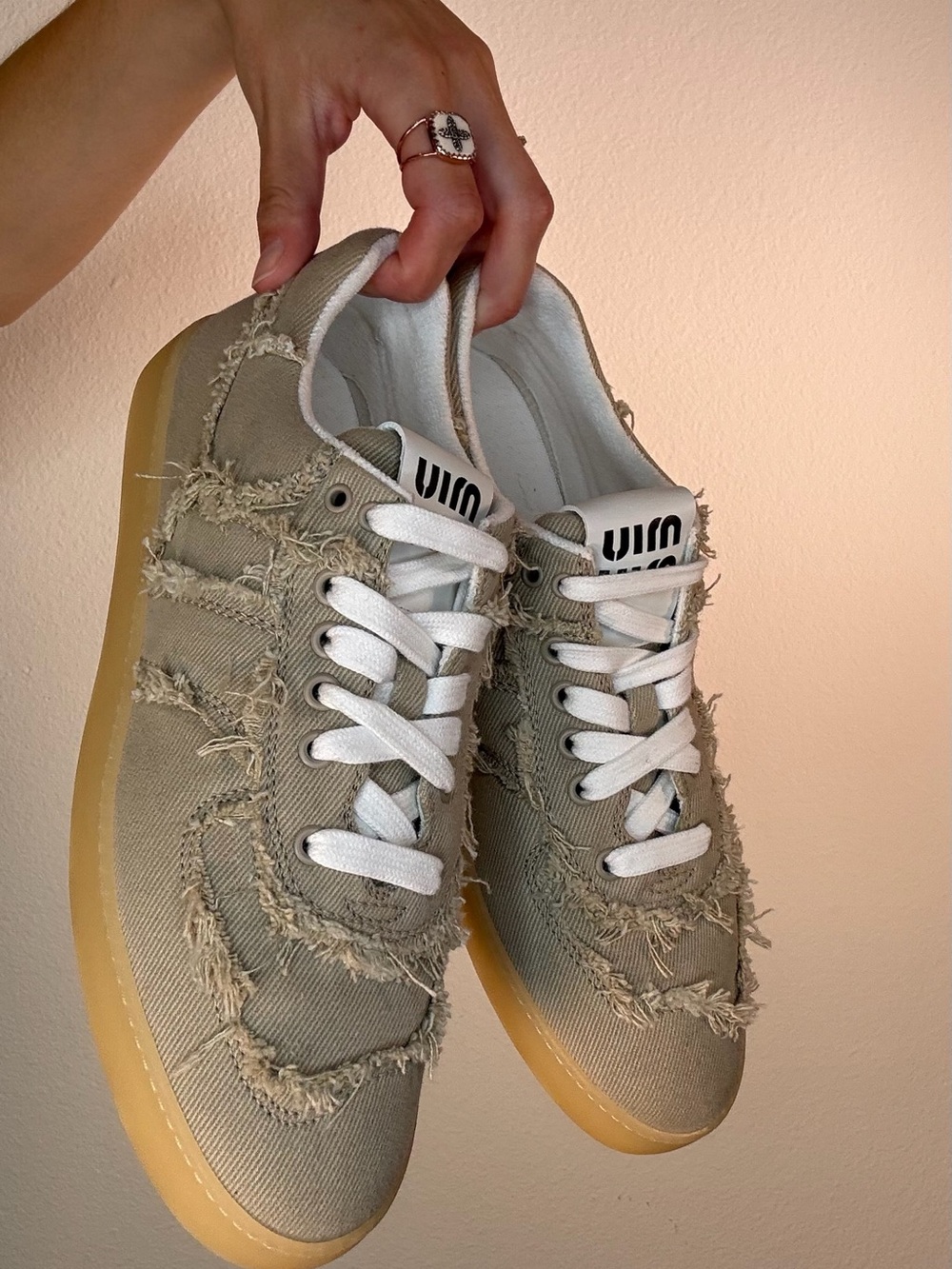 Miu Miu Frayed Canvas Low-Top Sneakers - Taupe